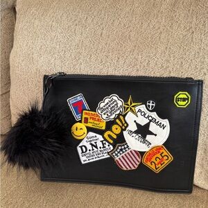 Black Patchwork Clutch with Fur Pom